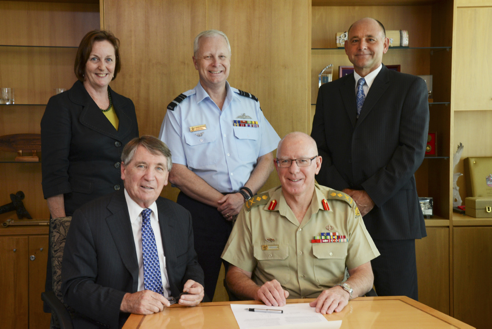 Vice Chief of the Defence Force Air Marshal Mark Binskin met with the Secretary and the Chief of the Defence Force as they signed the Australian Civil-Military Centre’s (ACMC) Charter in Canberra on Tuesday 1 April . Also in attendance were the Deputy Executive Director Mr Greg Elliott, as well as the Department of Foreign Affairs and Trade International Adviser and former Ambassador in Belgrade, Ms Helena Studdert.